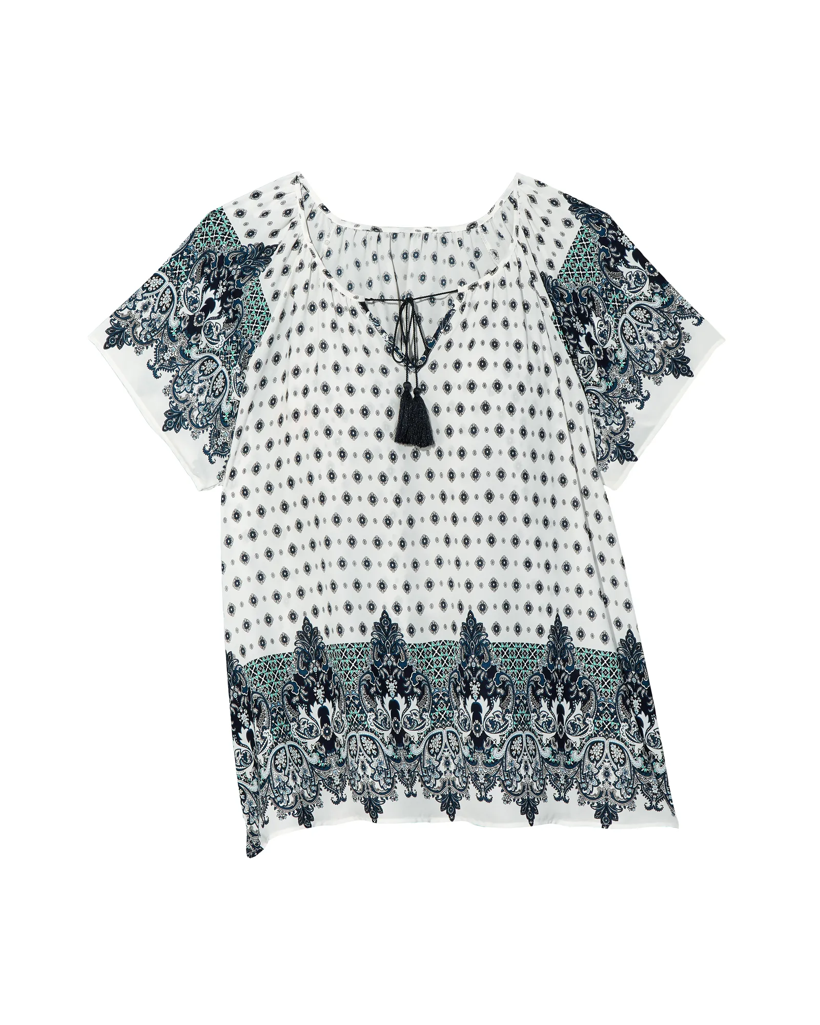 Mila Short Sleeve TIe Neck Peasant Blouse | White / Azure Blue