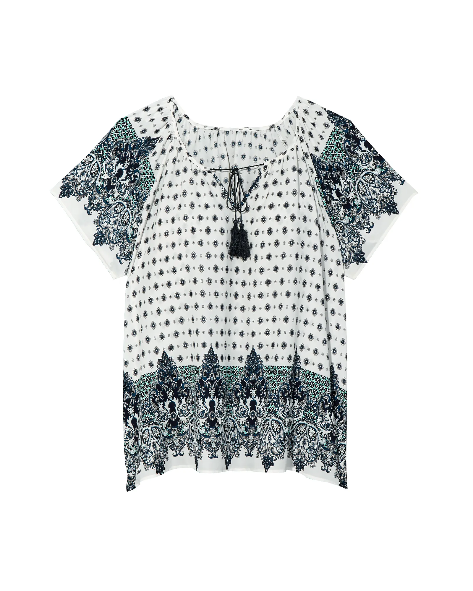 Mila Short Sleeve TIe Neck Peasant Blouse | White / Azure Blue