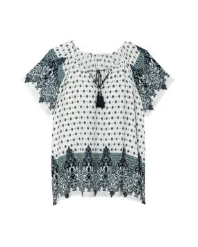 Mila Short Sleeve TIe Neck Peasant Blouse | White / Azure Blue
