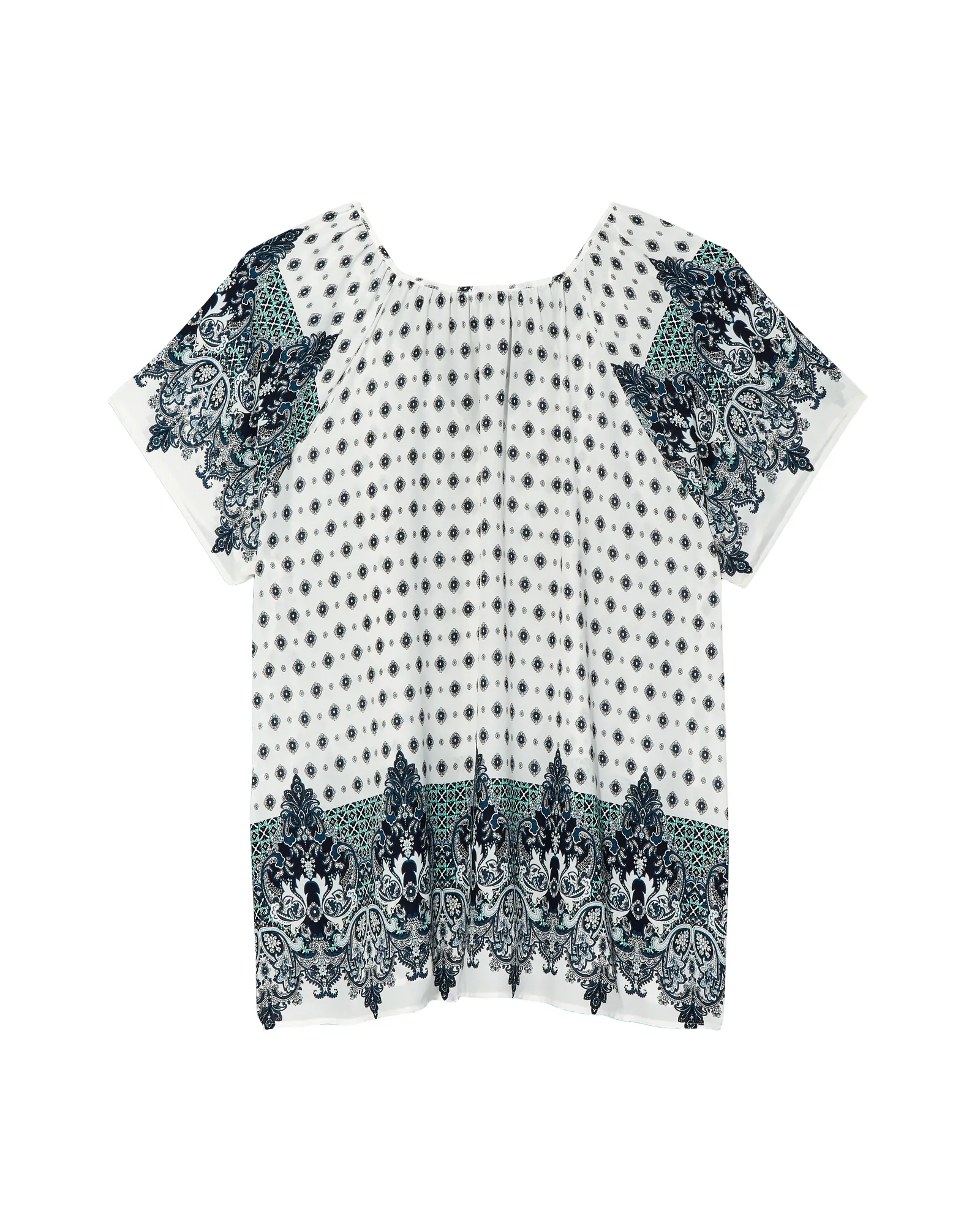 Mila Short Sleeve TIe Neck Peasant Blouse | White / Azure Blue