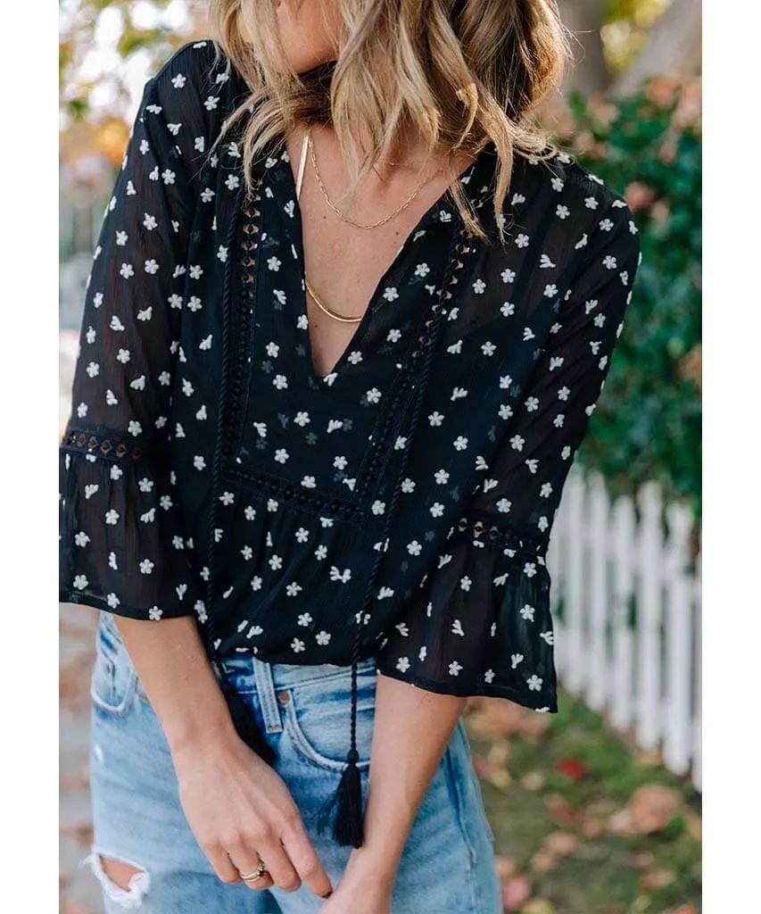 Night Flower Embroidered Peasant Top