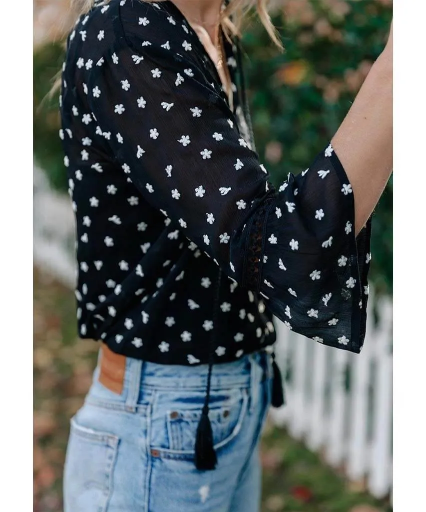 Night Flower Embroidered Peasant Top