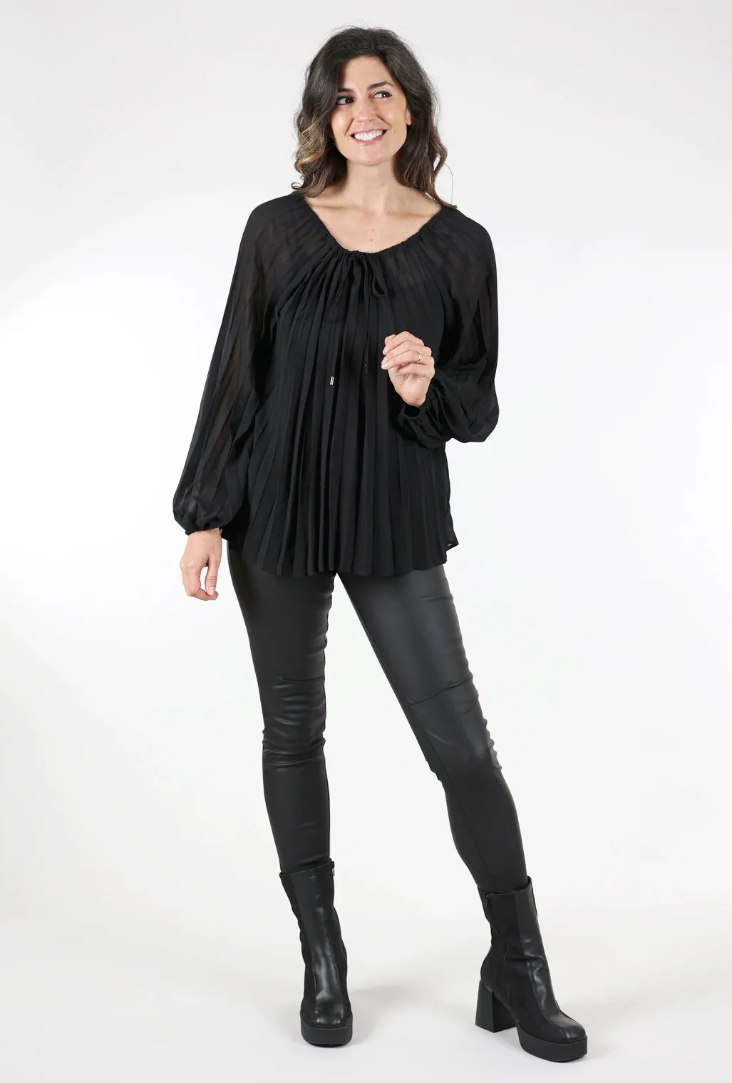 Pleated Peasant Top, Black