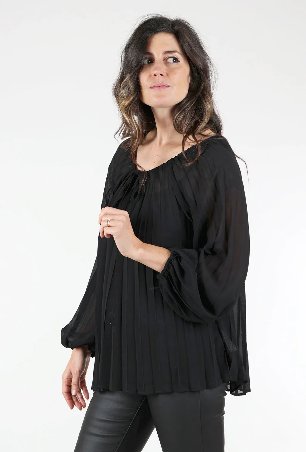 Pleated Peasant Top, Black