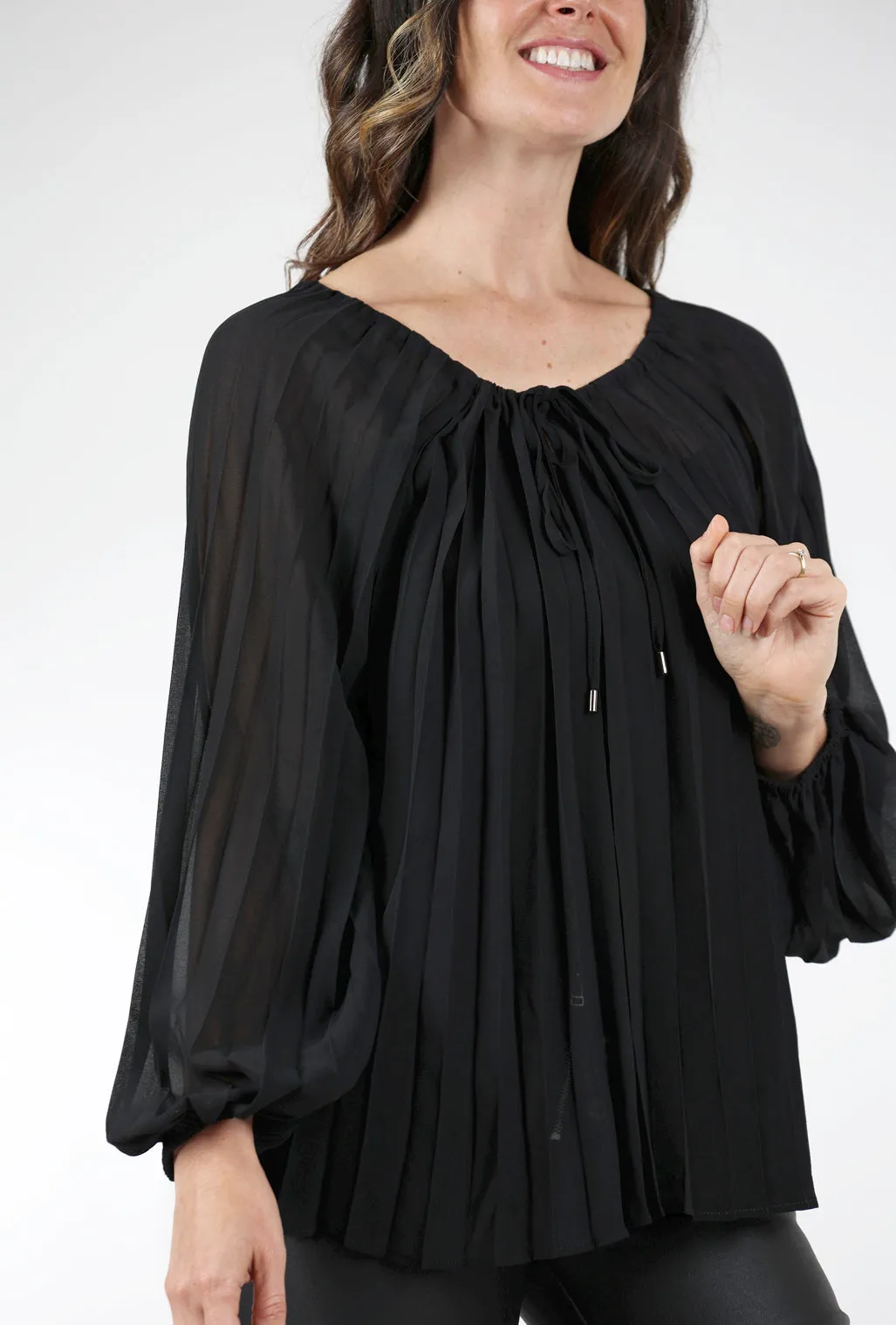 Pleated Peasant Top, Black