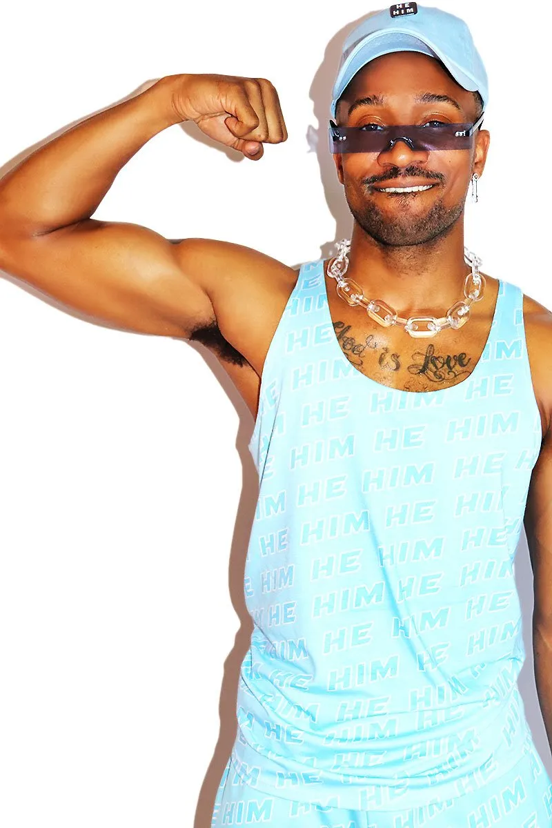 Pronouns He / Him All Over Racerback Tank- Blue
