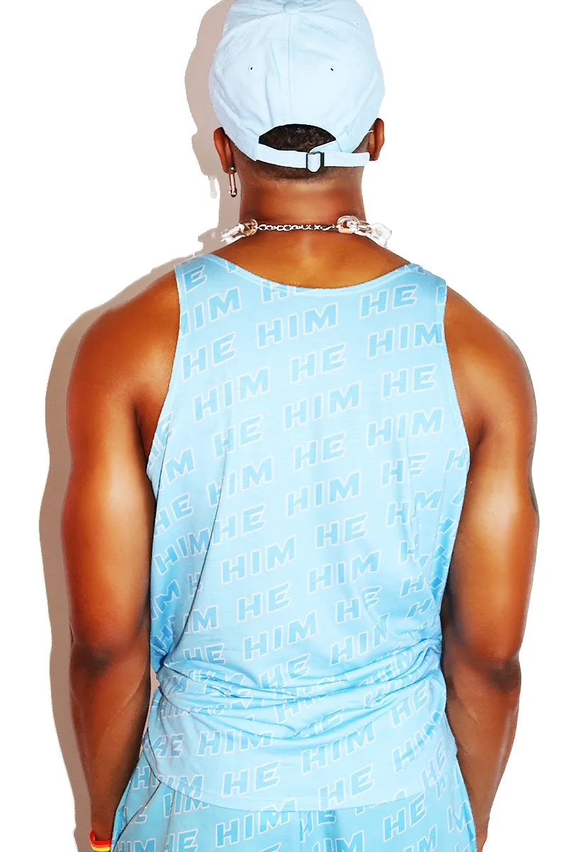 Pronouns He / Him All Over Racerback Tank- Blue
