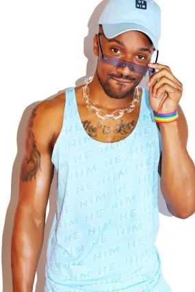 Pronouns He / Him All Over Racerback Tank- Blue