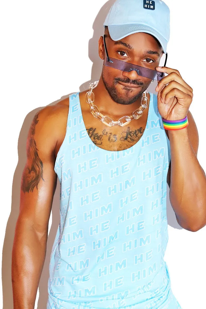 Pronouns He / Him All Over Racerback Tank- Blue