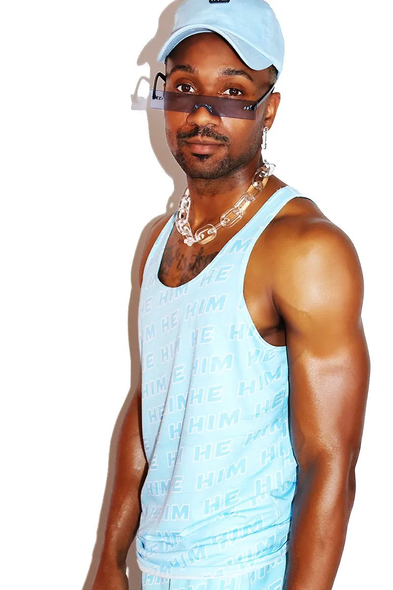 Pronouns He / Him All Over Racerback Tank- Blue