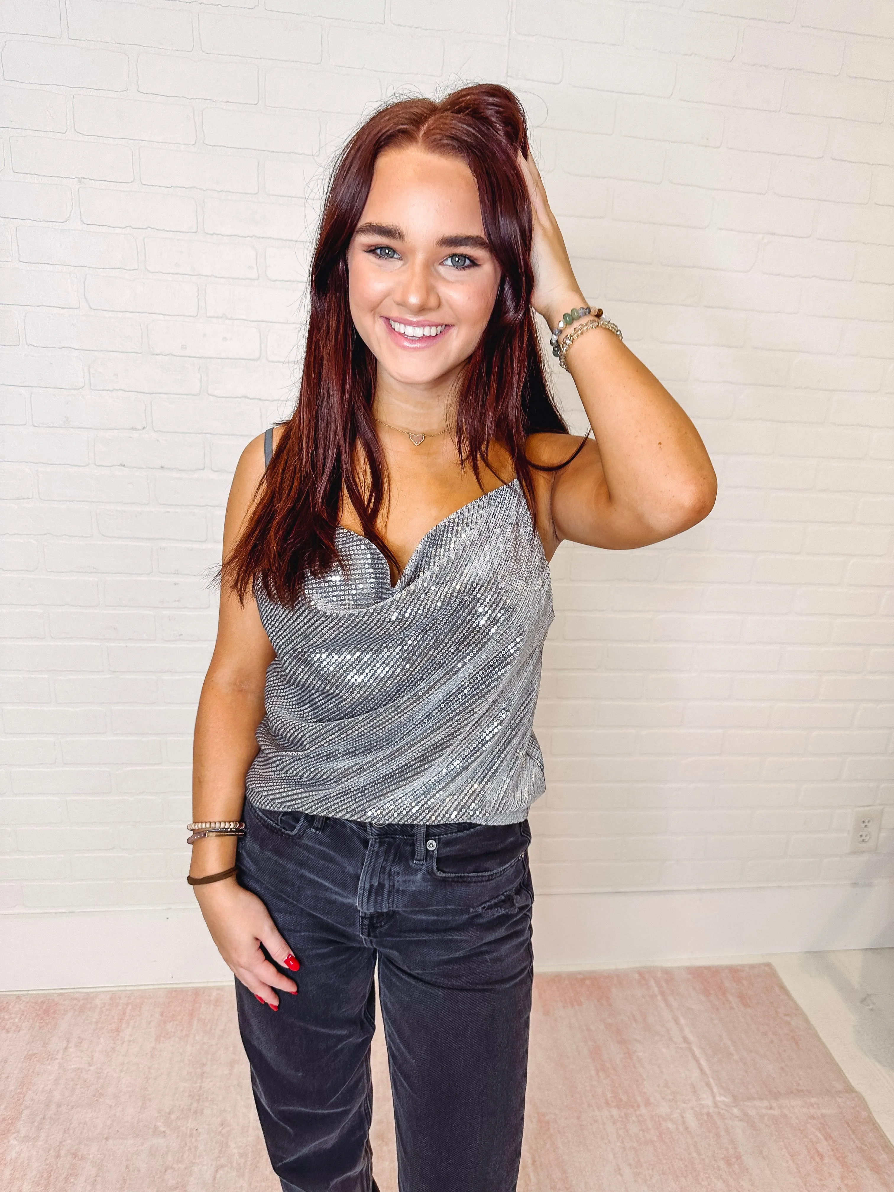 Queen of Glimmer Sequined Cowl Neck Camisole Top-- Silver