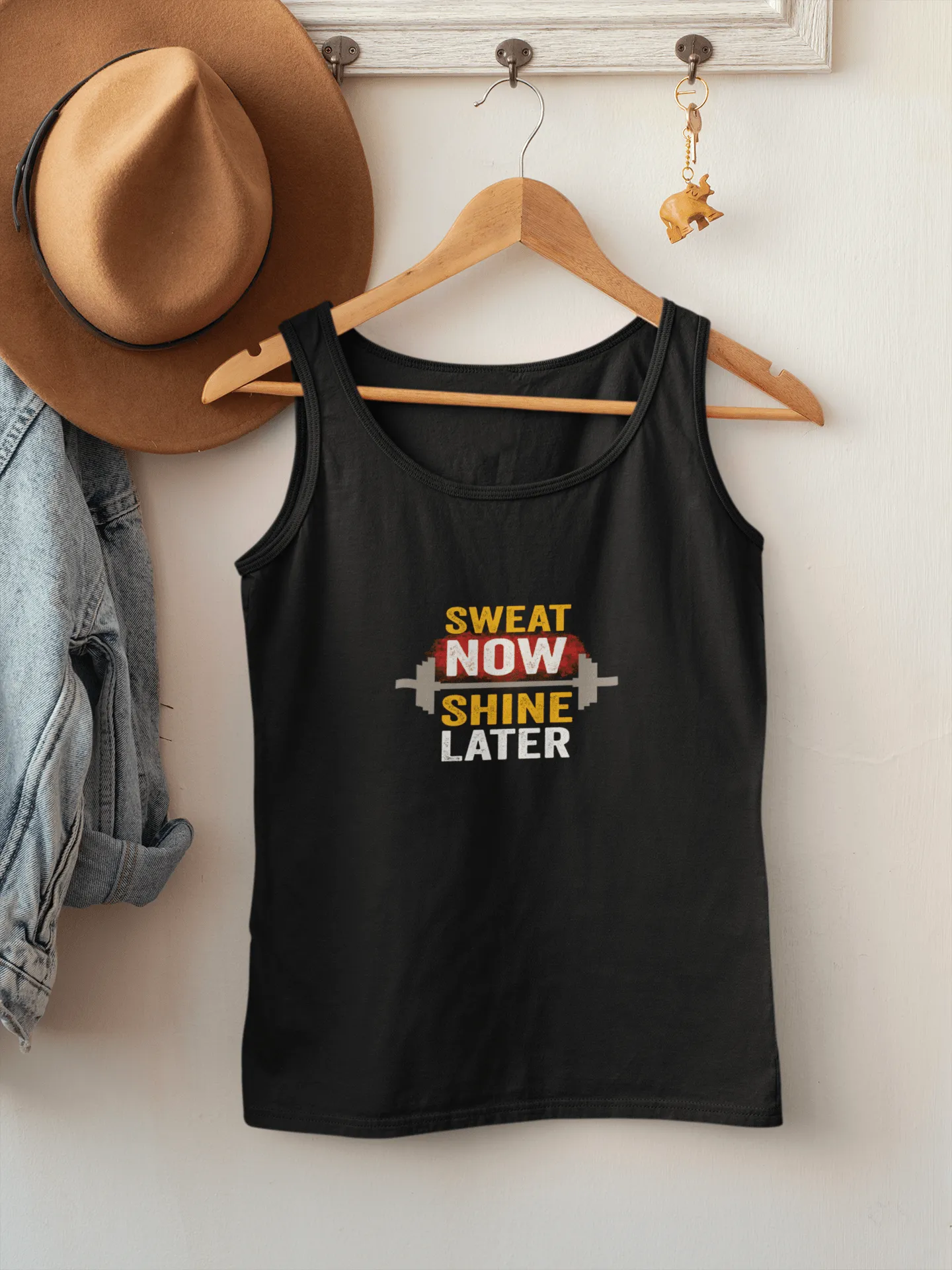 "SWEAT NOW SHINE LATER": SLEEVELESS T-SHIRTS