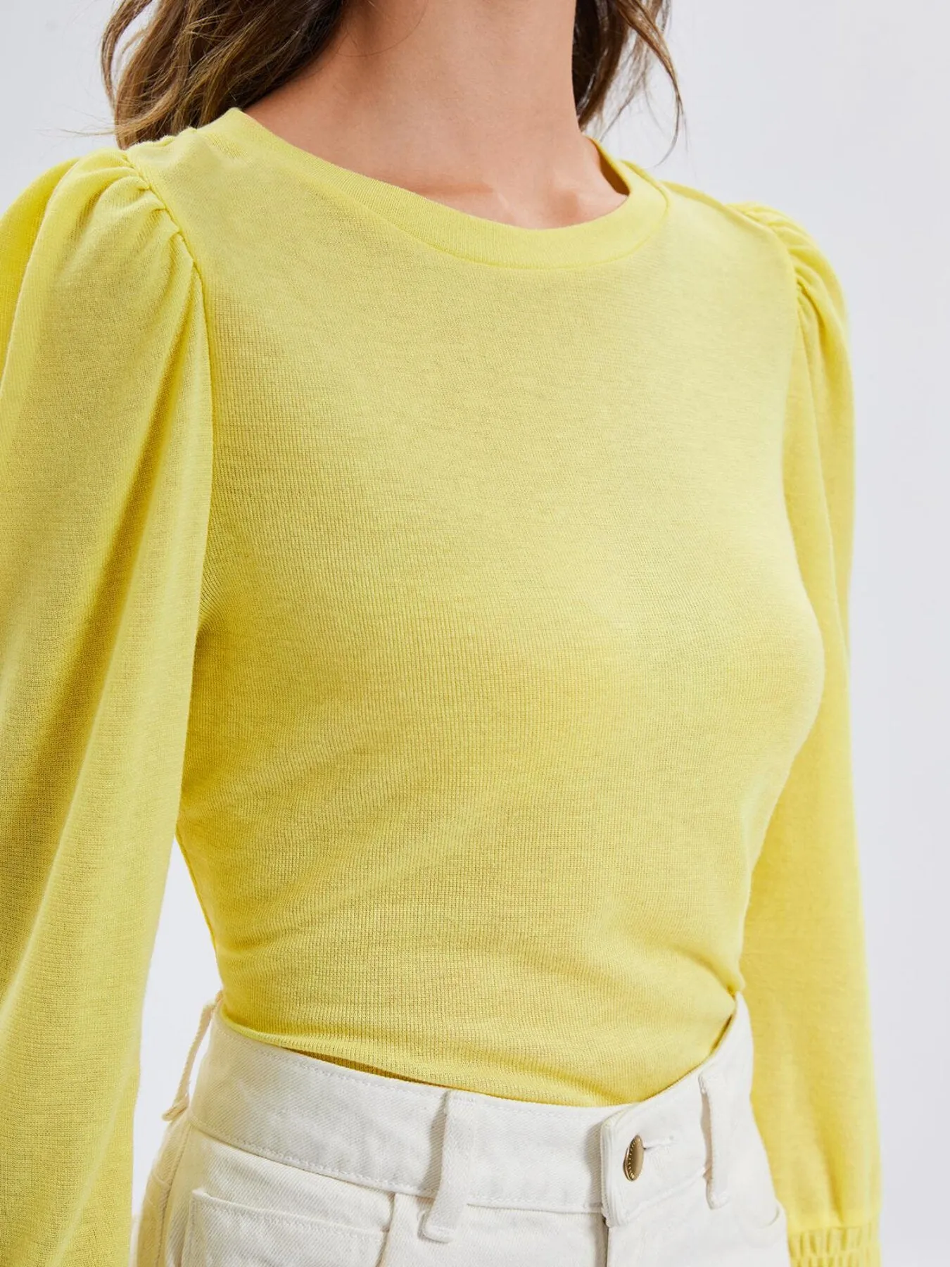 Shirred Flounce Sleeve Rib Top