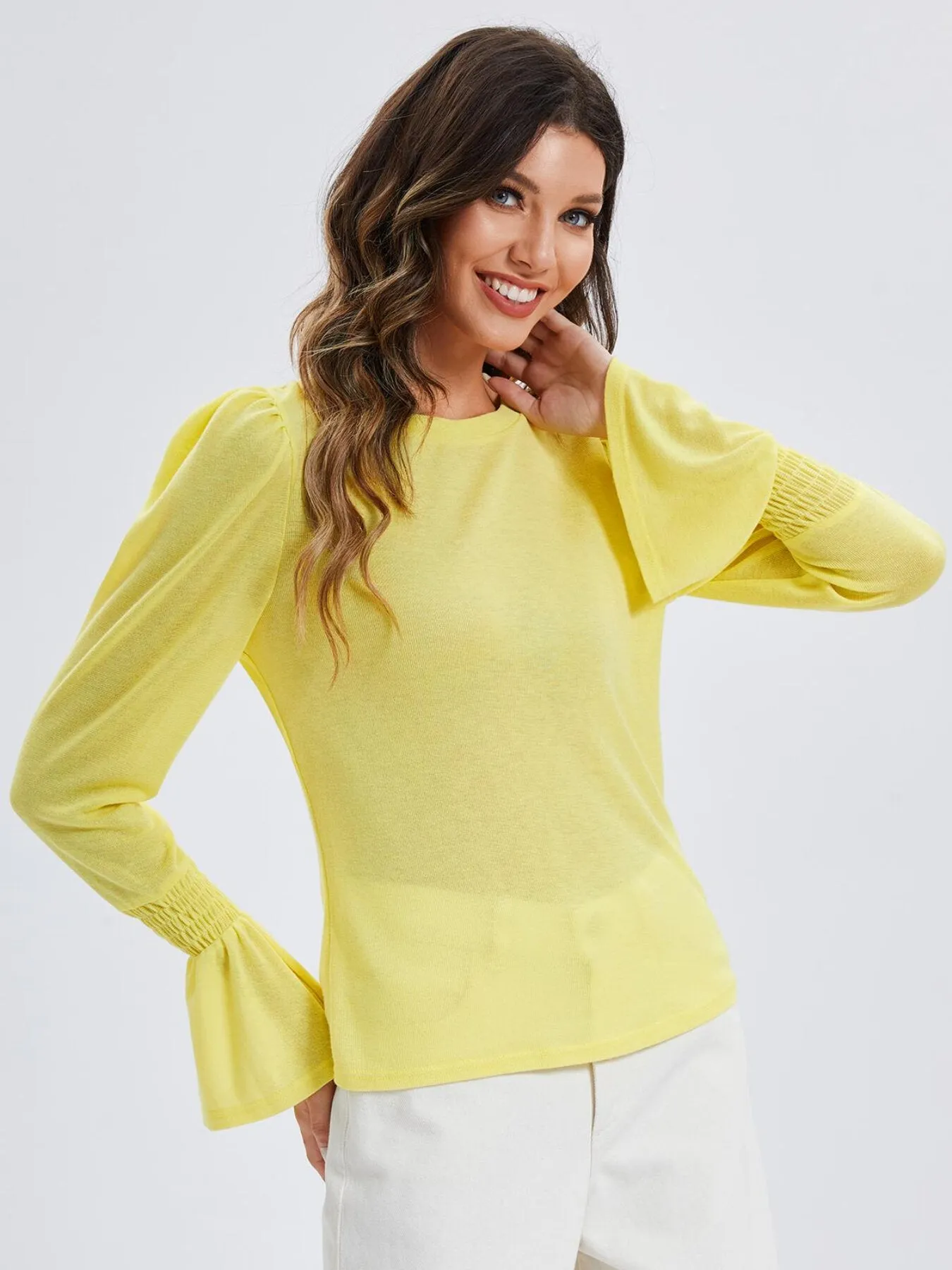 Shirred Flounce Sleeve Rib Top
