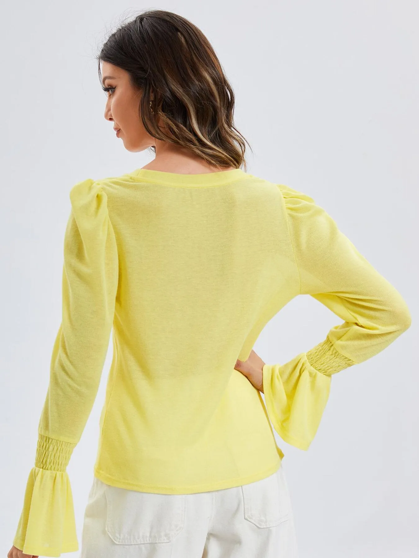 Shirred Flounce Sleeve Rib Top