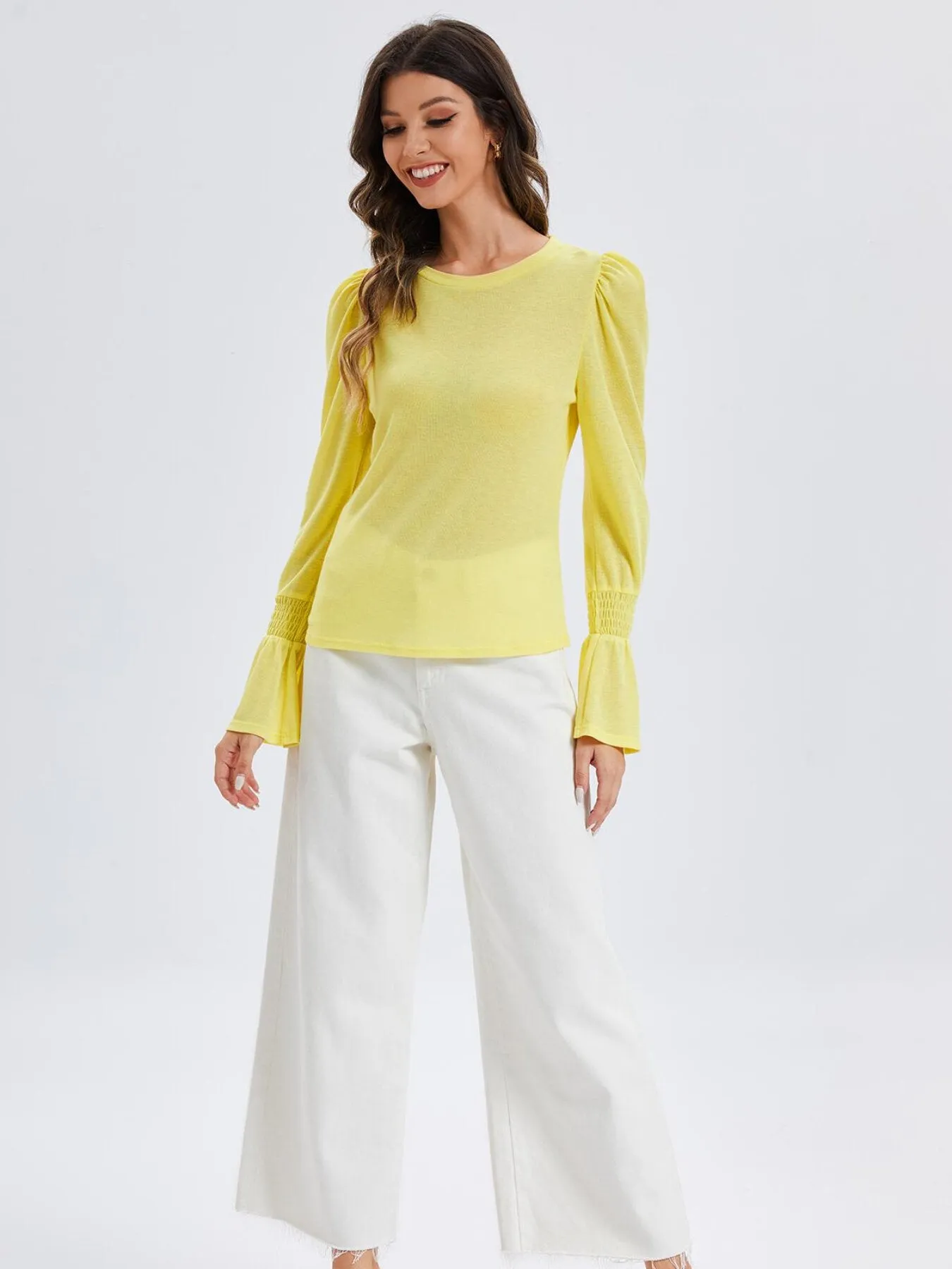 Shirred Flounce Sleeve Rib Top