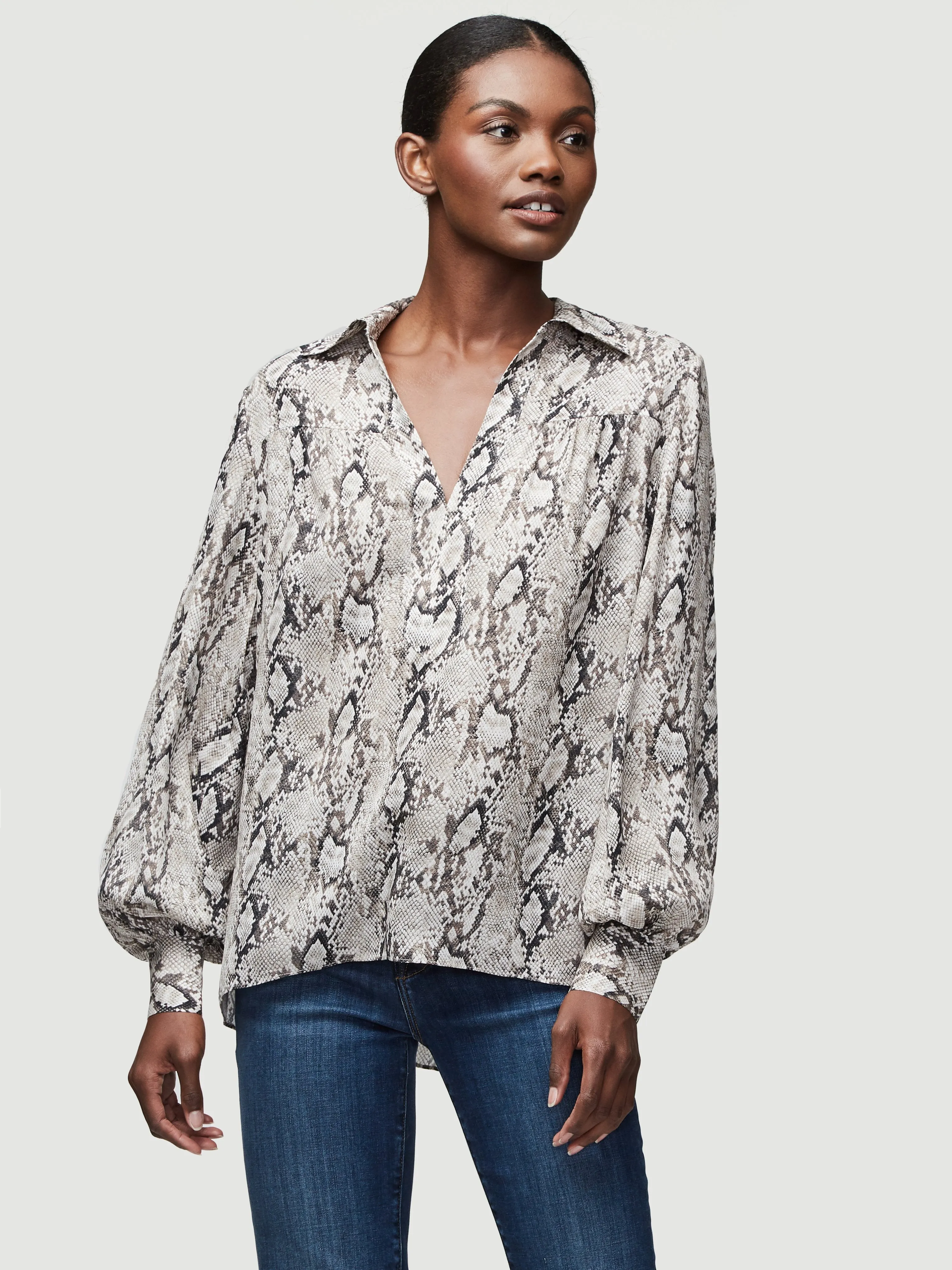Silk Collared Peasant Blouse -- Vanilla Multi