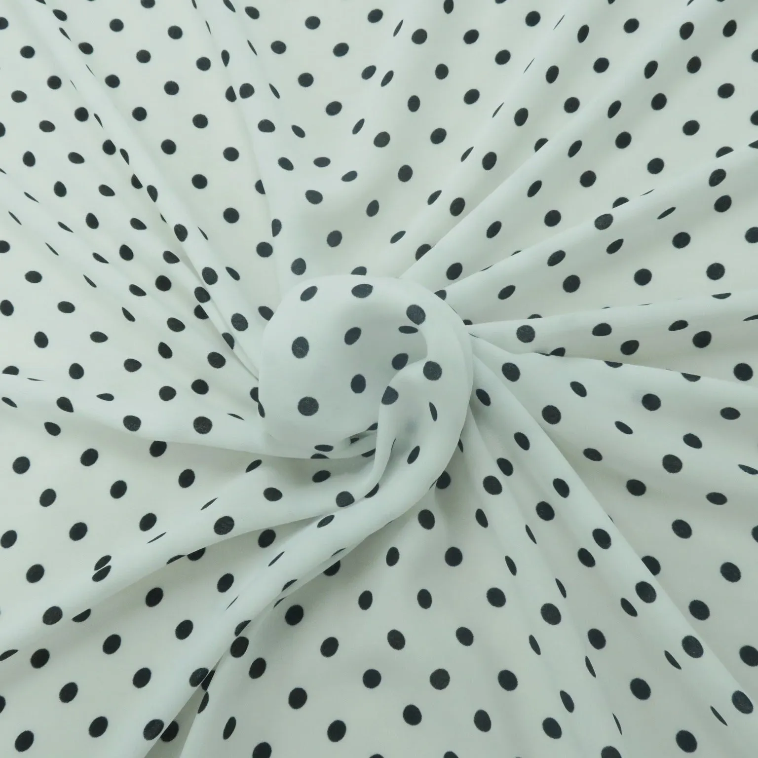 Small Black Polka Dots on White Background Printed Crepe Fabric