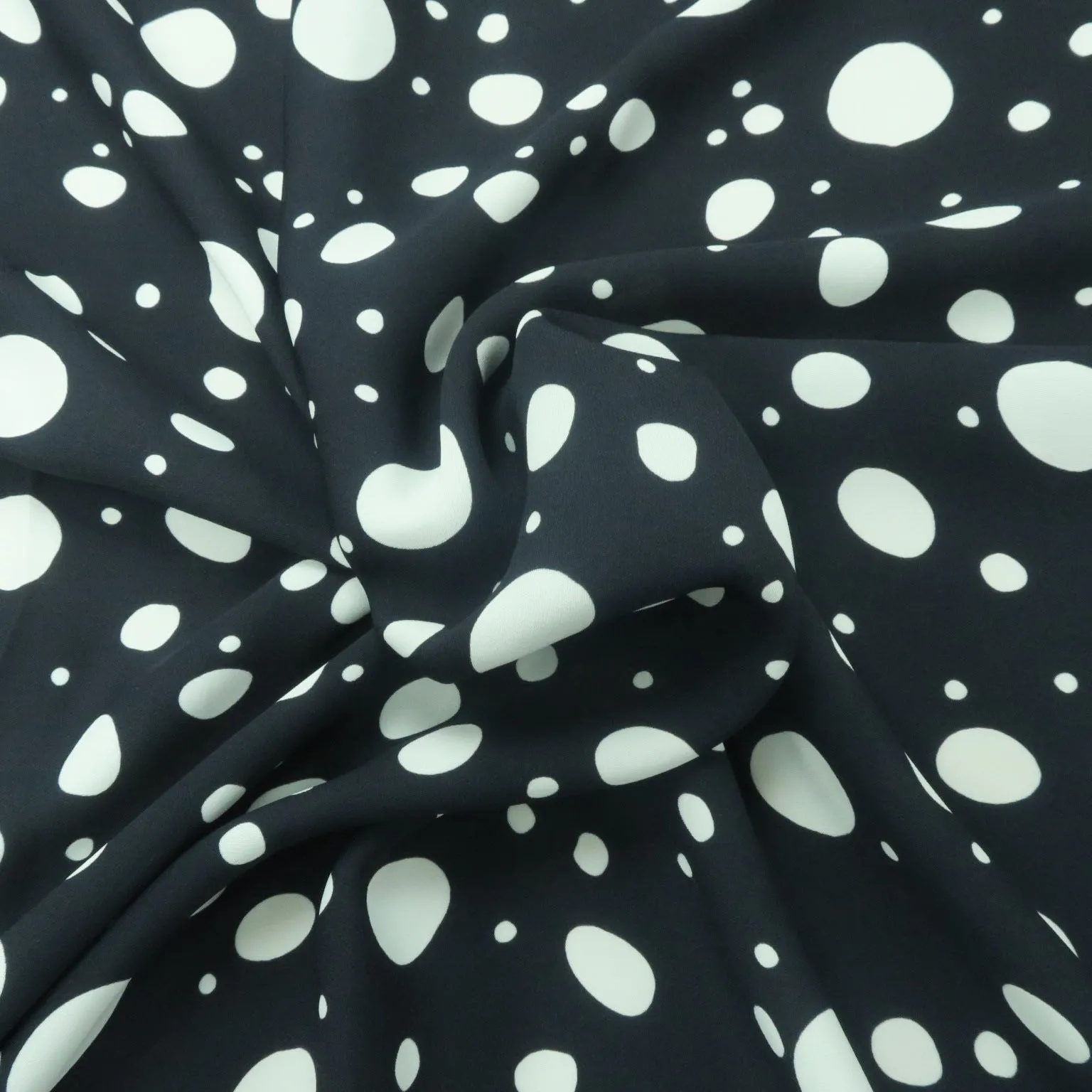 Small White Dots on Black Background Printed Crepe Fabric