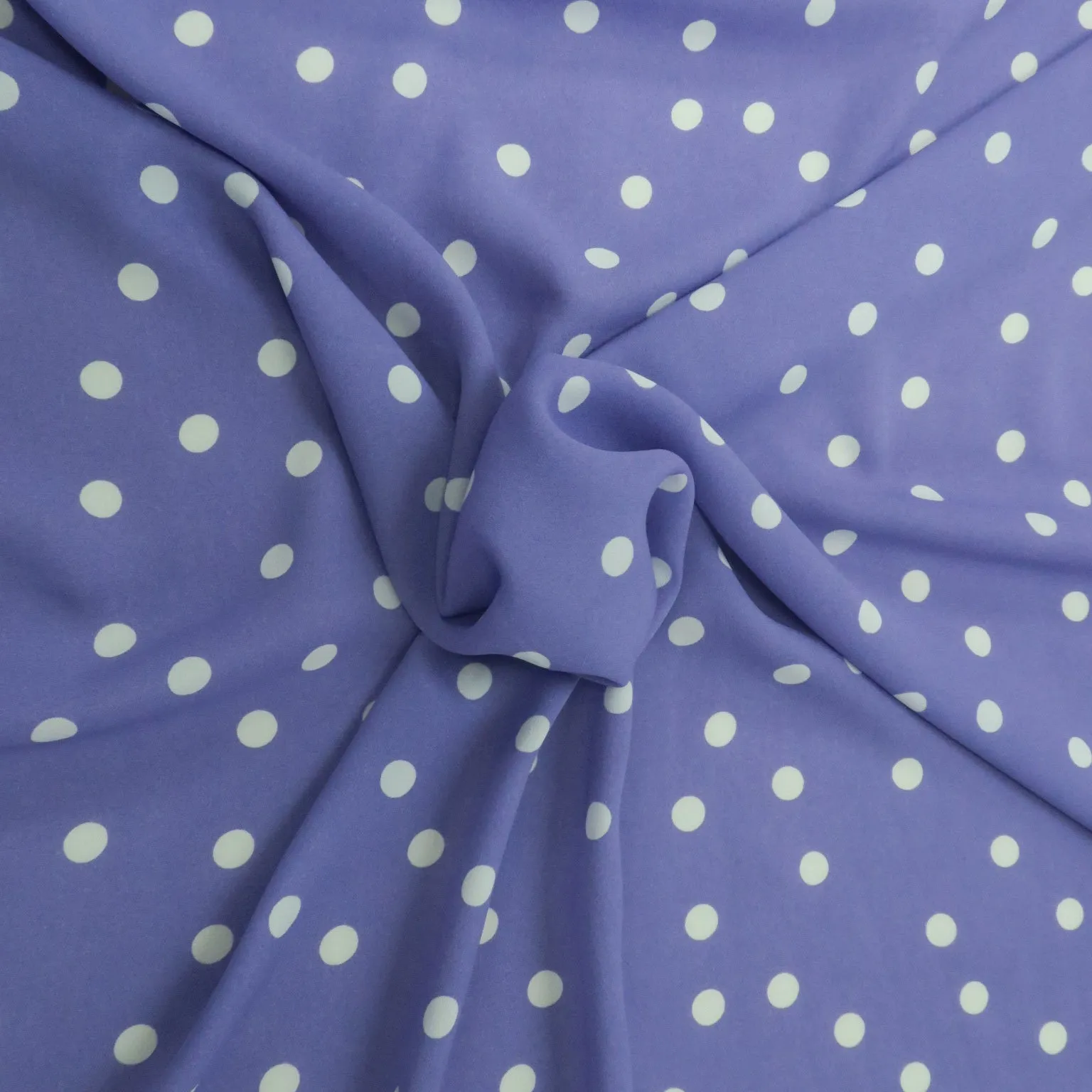 Small White Polka Dots on Lavender Background Printed Crepe Fabric