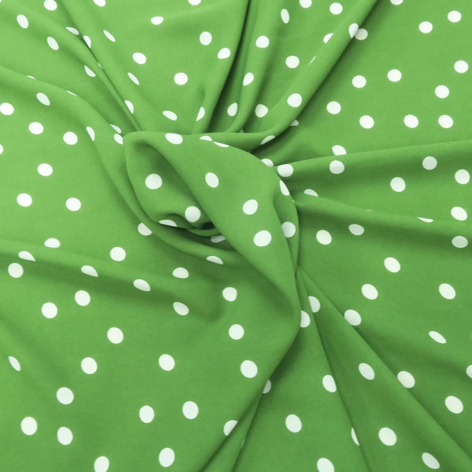 Small White Polka Dots on Moss Green Background Printed Crepe Fabric