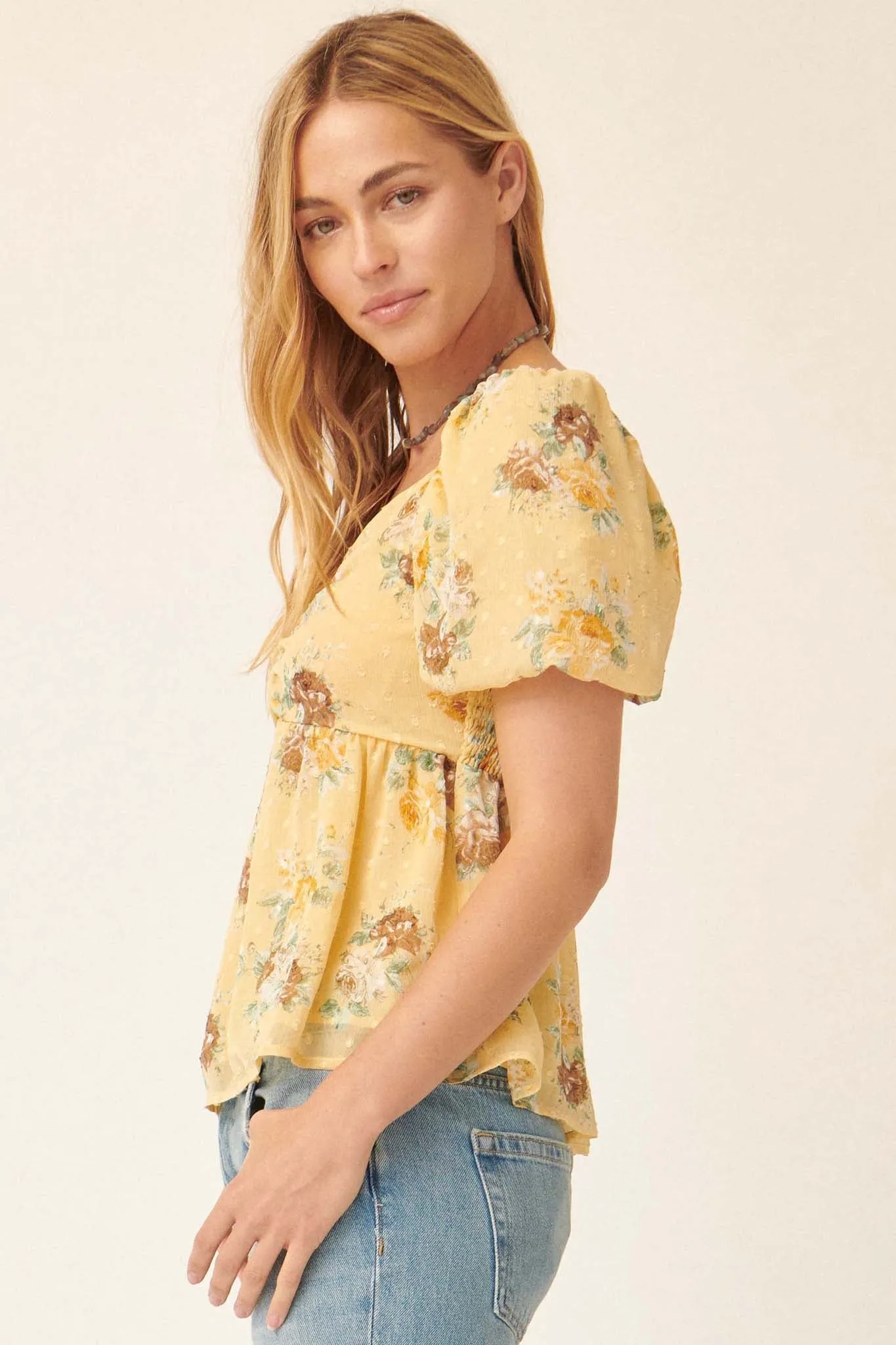 Soft Daydream Floral Swiss Dot Babydoll Top