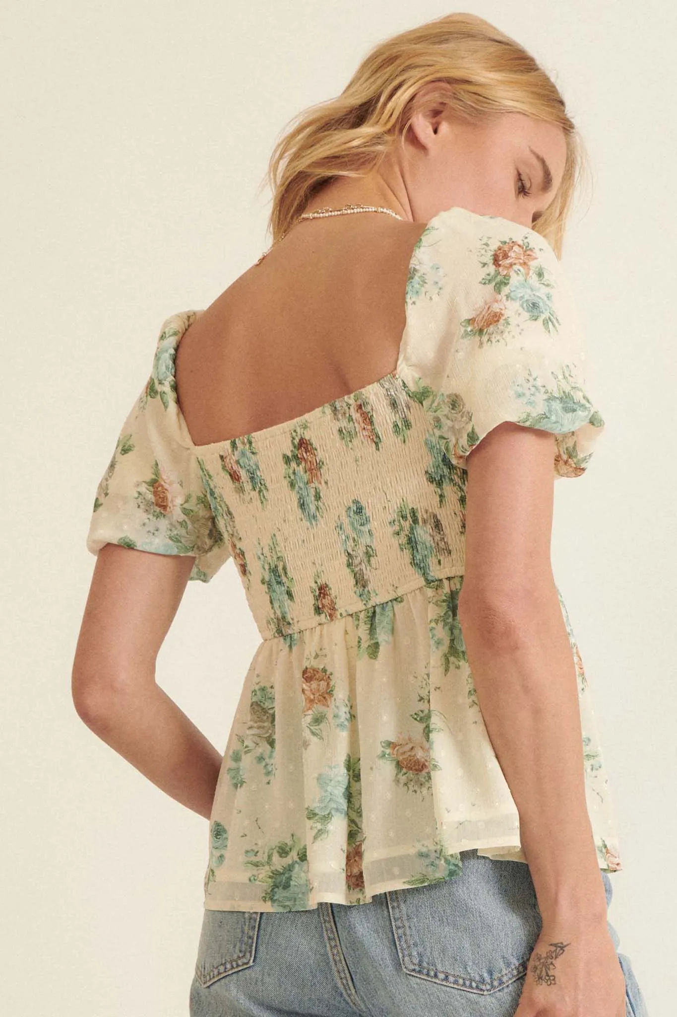 Soft Daydream Floral Swiss Dot Babydoll Top
