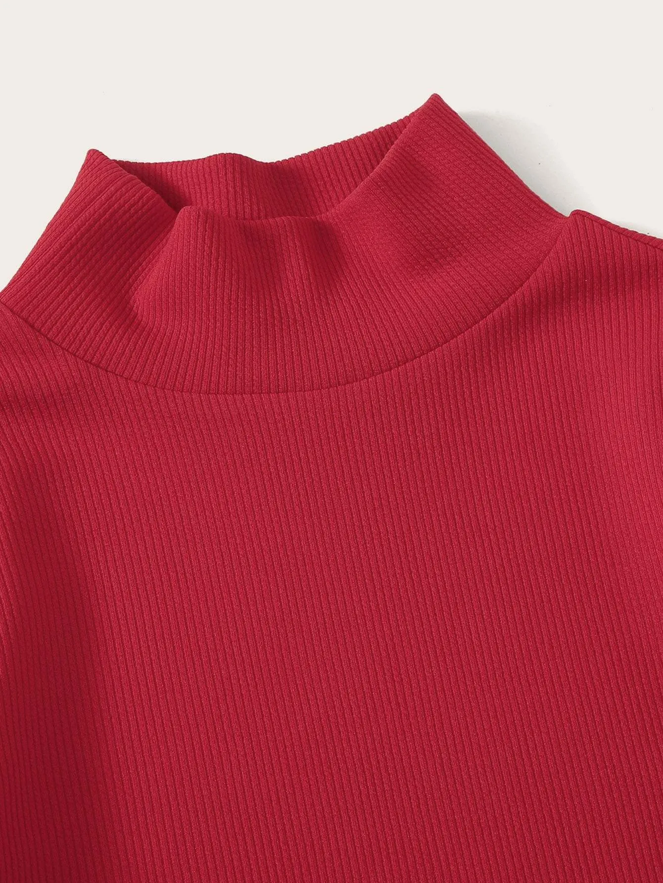 Solid Mock Neck Rib-knit Crop Tee
