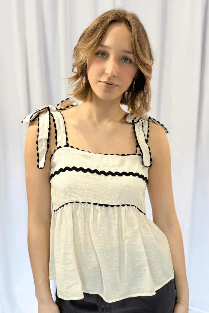 Tie Shoulder Ric Rac Top in Cream & Black