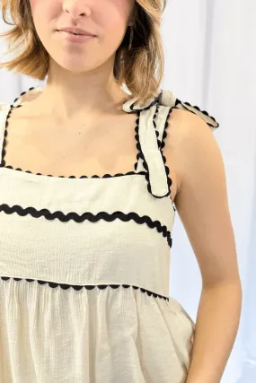 Tie Shoulder Ric Rac Top in Cream & Black