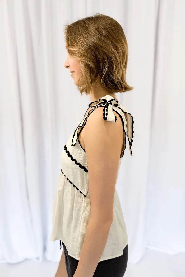 Tie Shoulder Ric Rac Top in Cream & Black