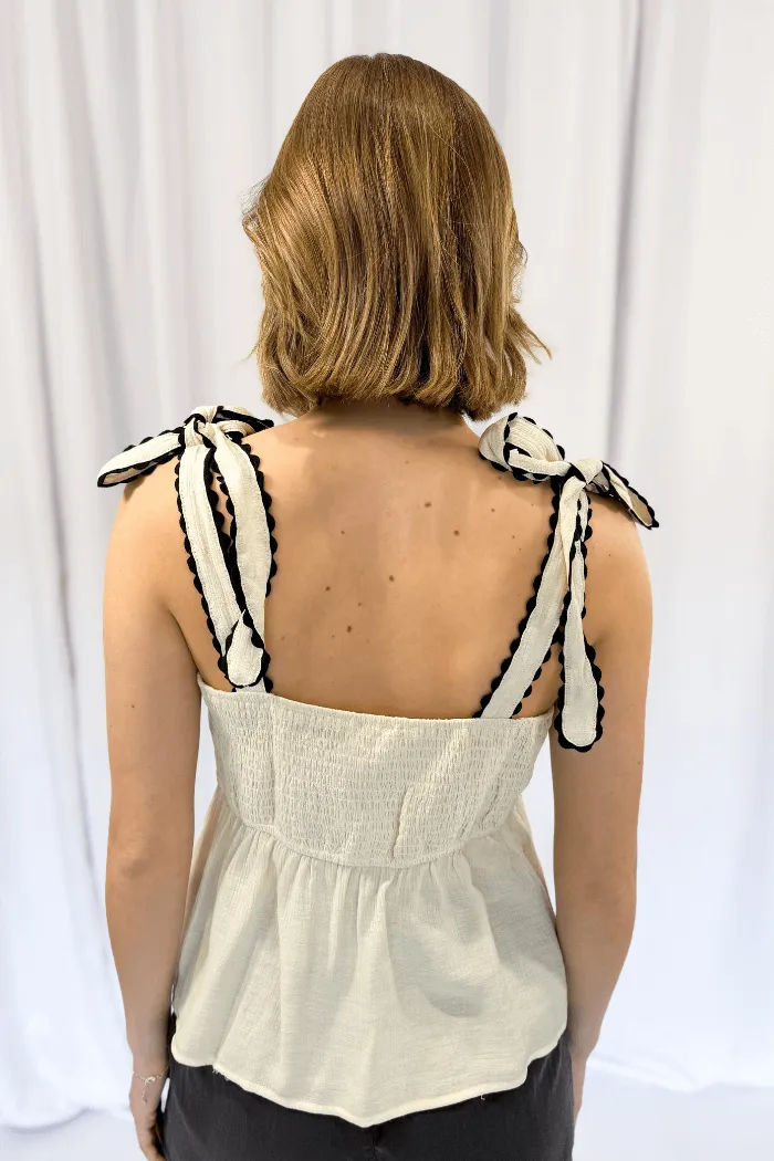 Tie Shoulder Ric Rac Top in Cream & Black