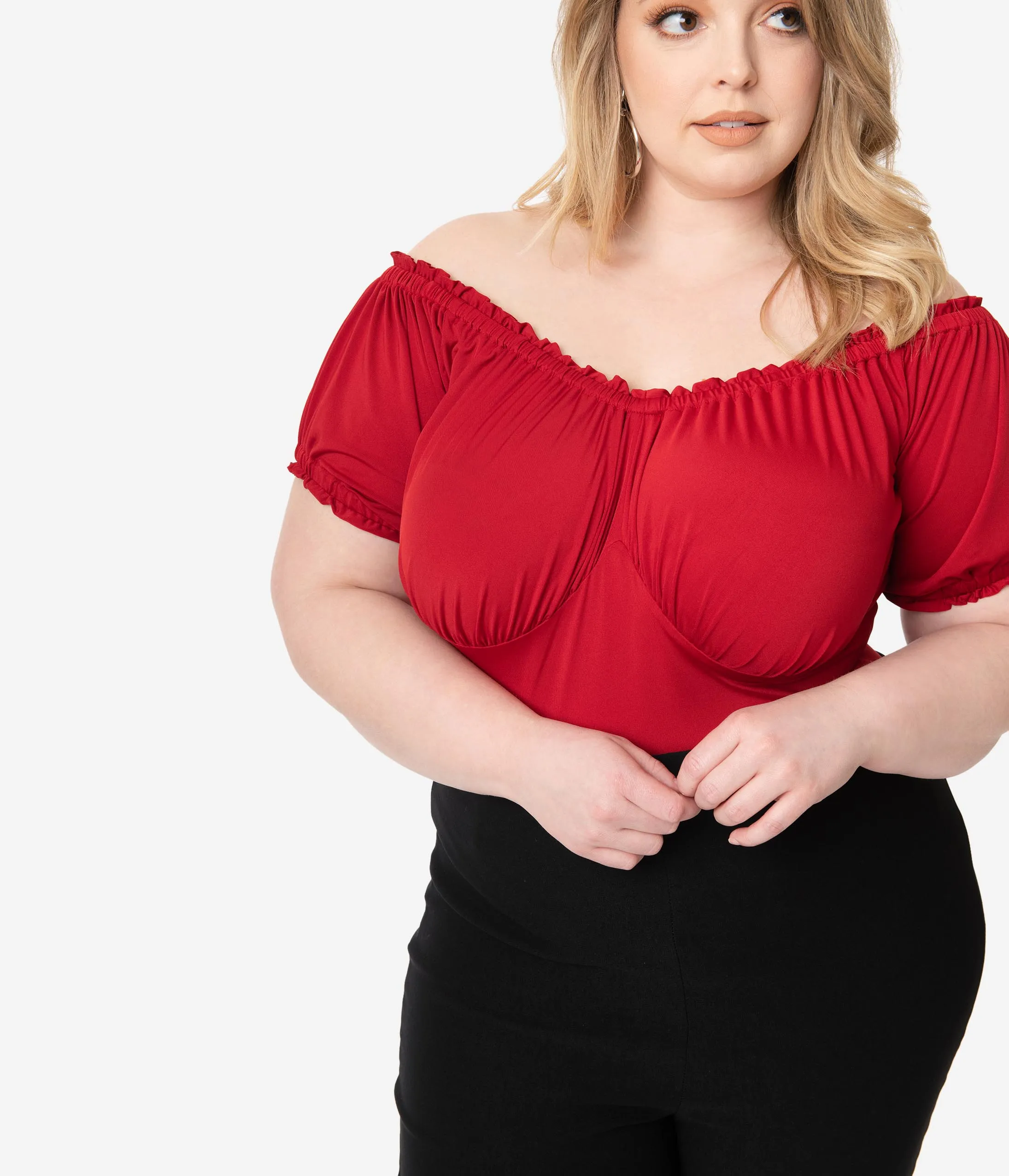 Unique Vintage Plus Size Retro Red Bernadette Fitted Peasant Top