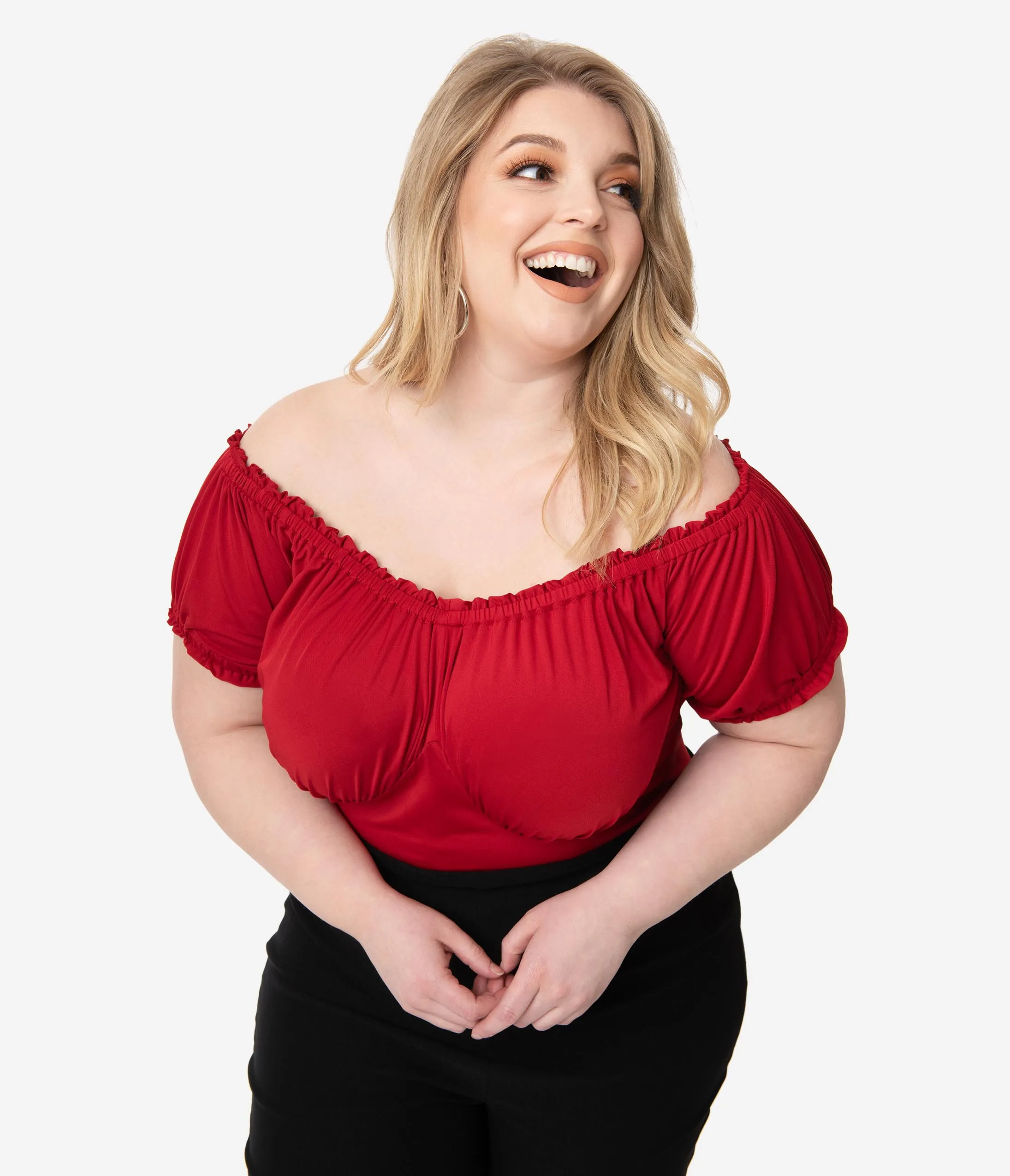 Unique Vintage Plus Size Retro Red Bernadette Fitted Peasant Top