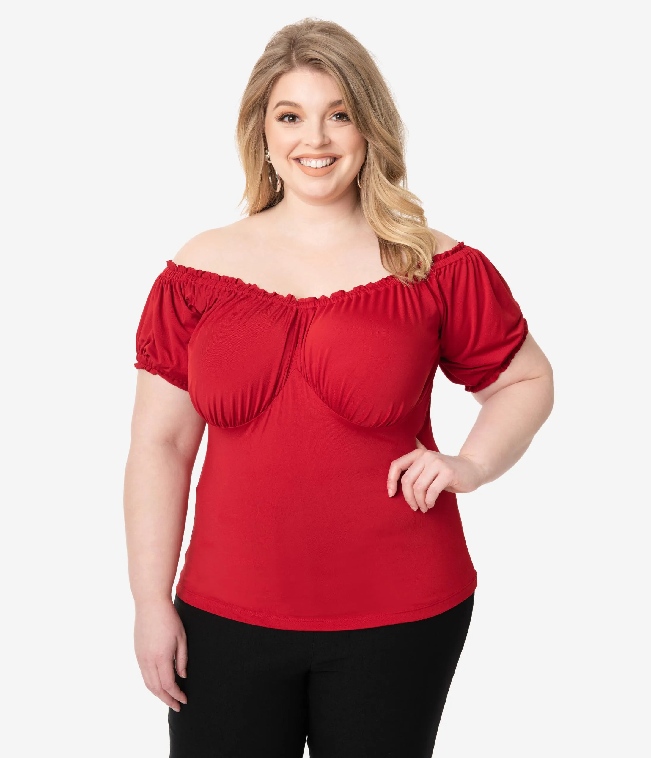 Unique Vintage Plus Size Retro Red Bernadette Fitted Peasant Top