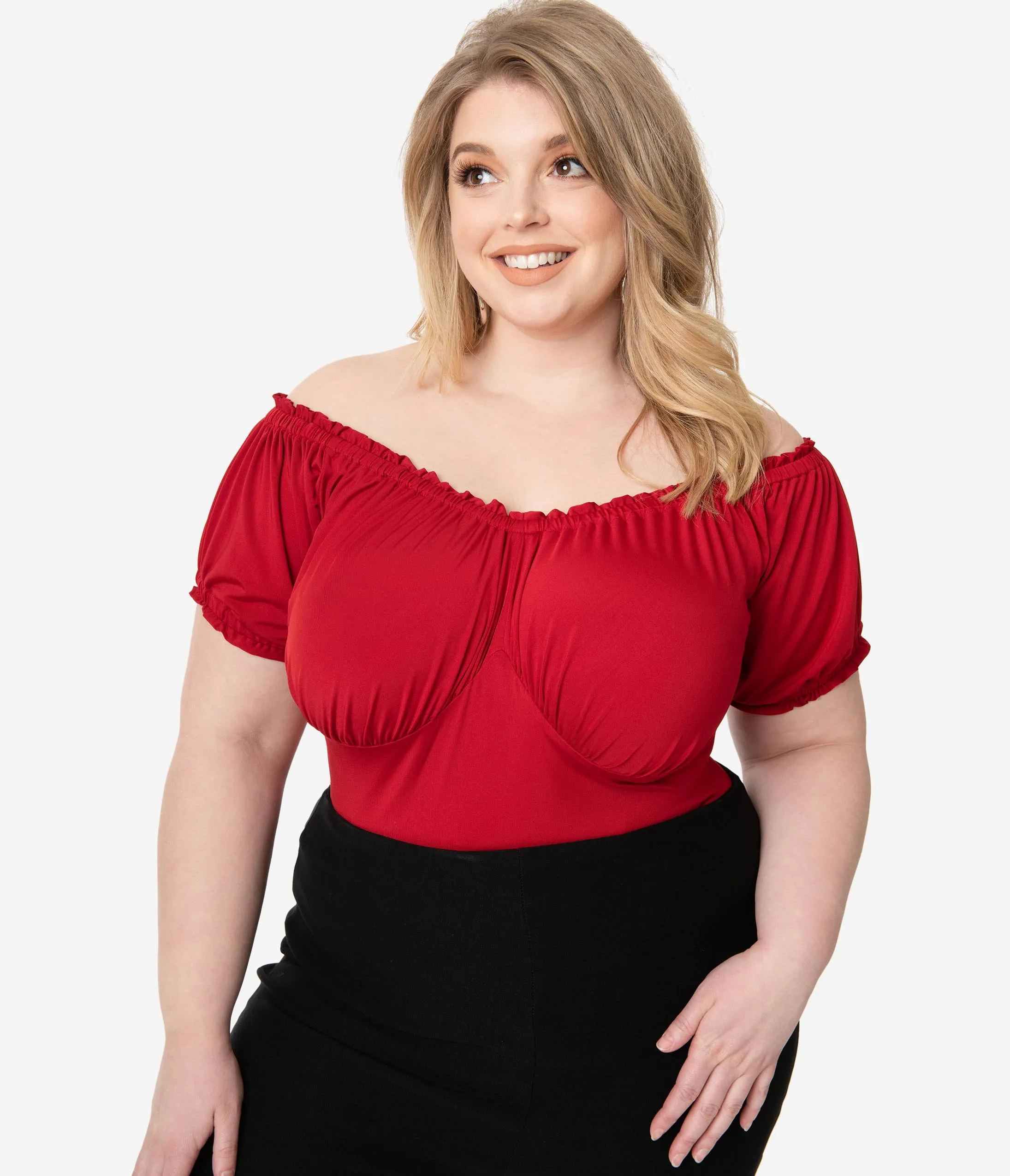 Unique Vintage Plus Size Retro Red Bernadette Fitted Peasant Top