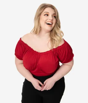 Unique Vintage Plus Size Retro Red Bernadette Fitted Peasant Top