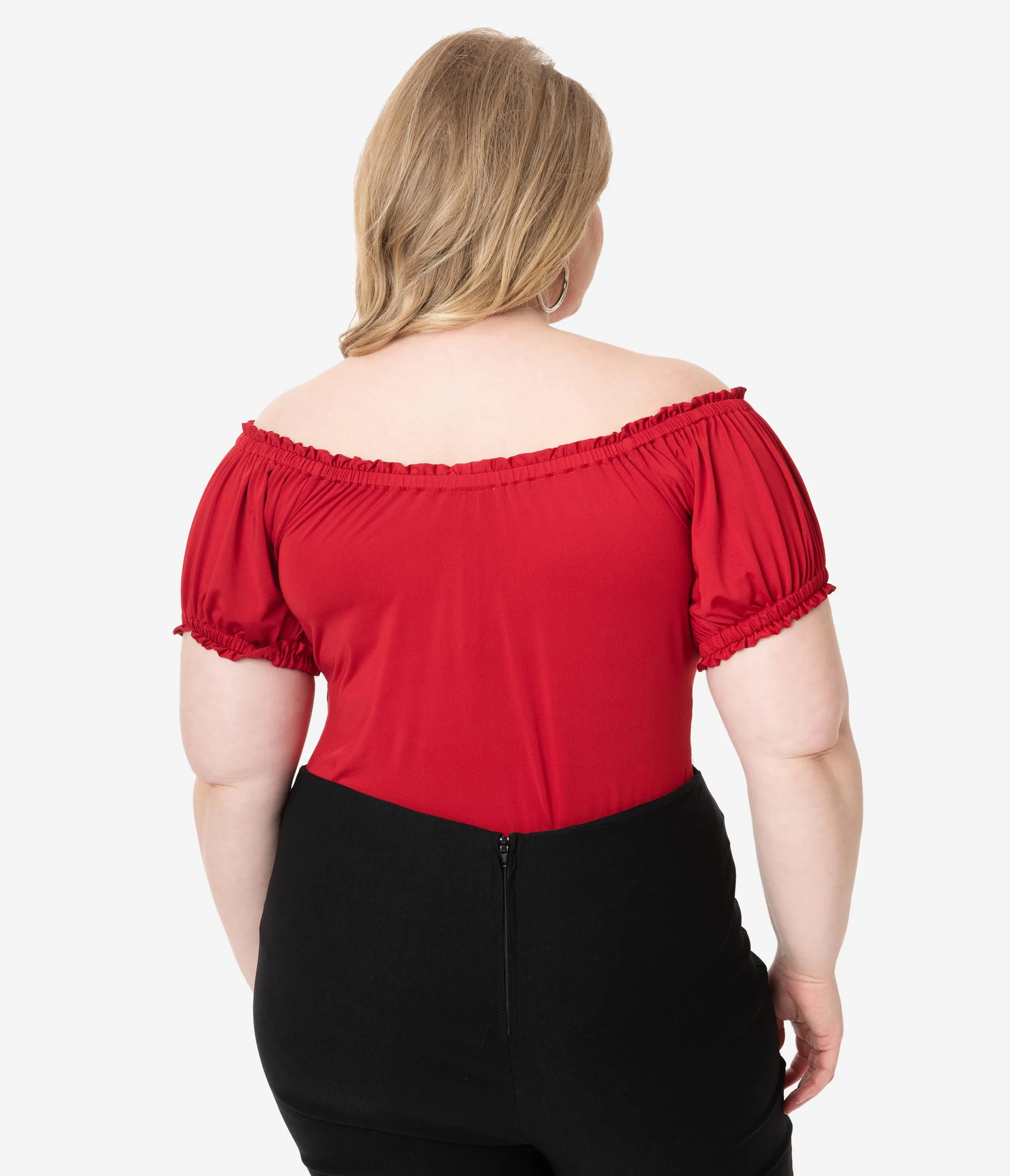 Unique Vintage Plus Size Retro Red Bernadette Fitted Peasant Top