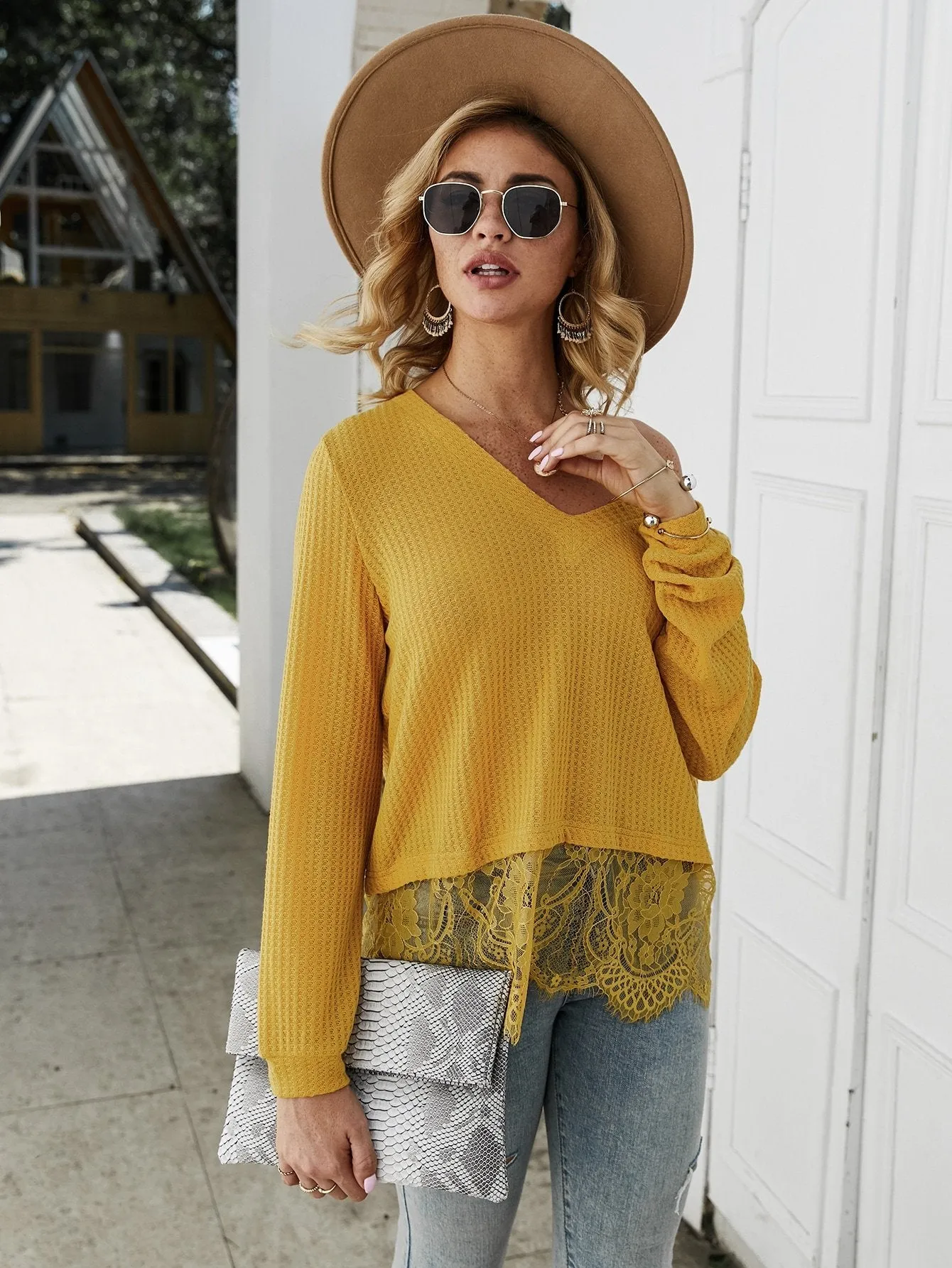 V-neck Lace Panel Tee
