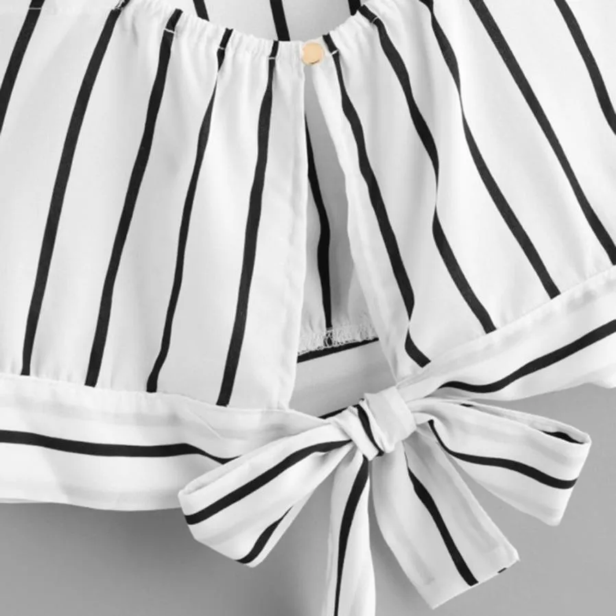 VenusFox V Neck Striped Cotton Crop Top