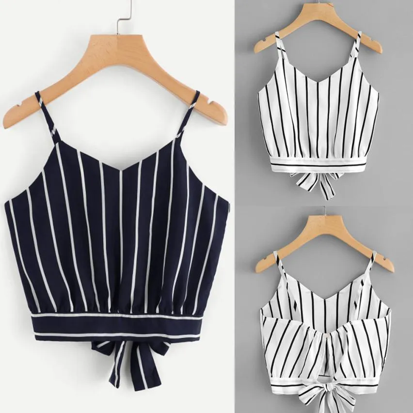 VenusFox V Neck Striped Cotton Crop Top
