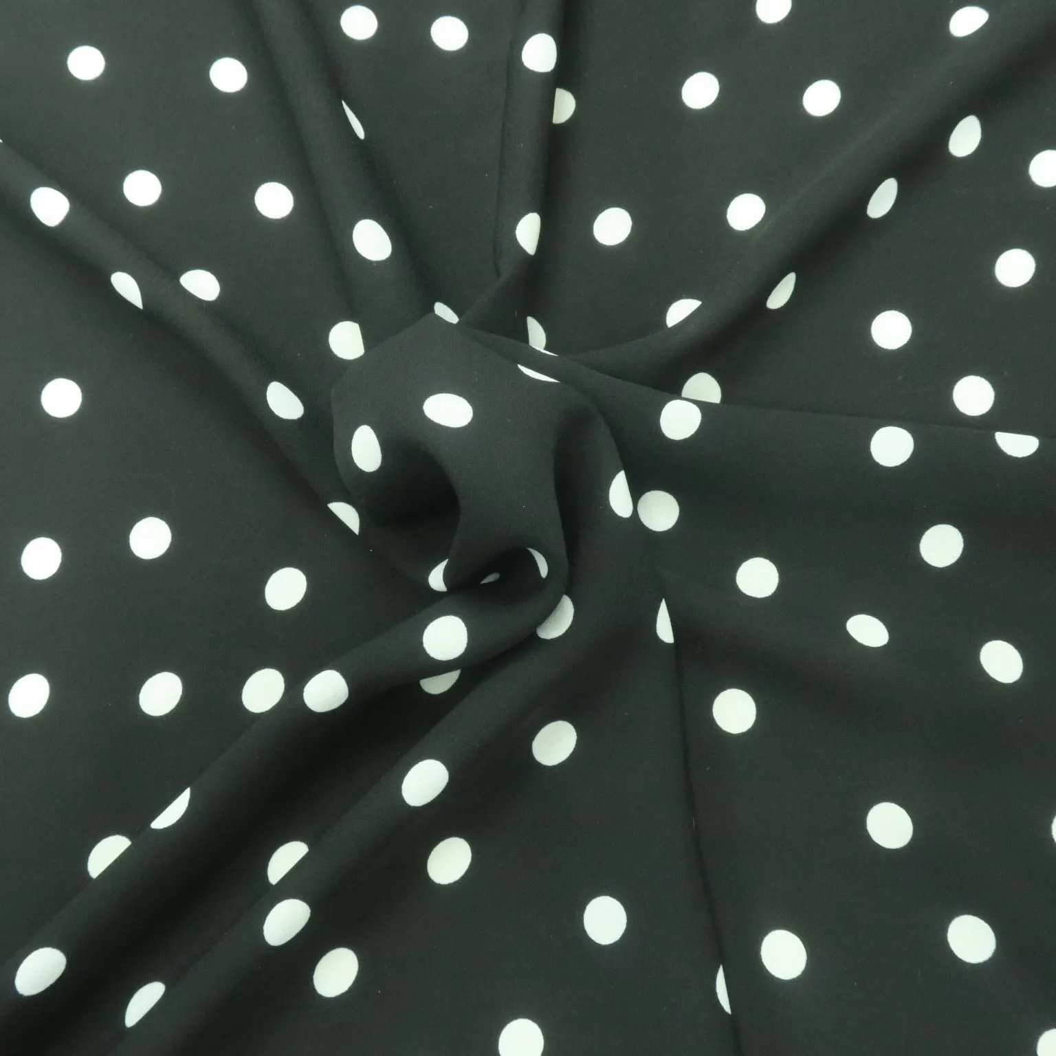 White Polka Dots on Black Background Printed Crepe Fabric