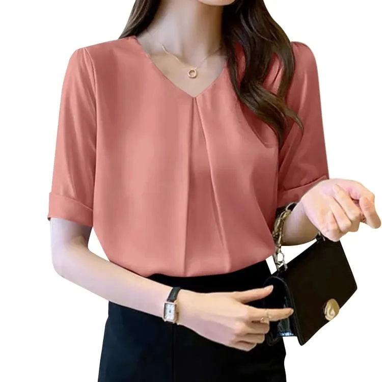 Women Korean Daily Casual Short Sleeve V-Neck Solid Color Blouse S4592945 2XL