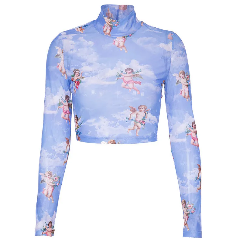 Women long sleeve high collar printed T-shirt