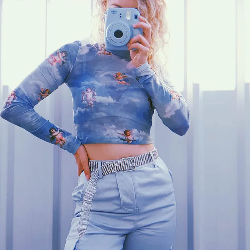 Women long sleeve high collar printed T-shirt