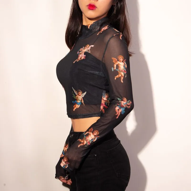 Women long sleeve high collar printed T-shirt