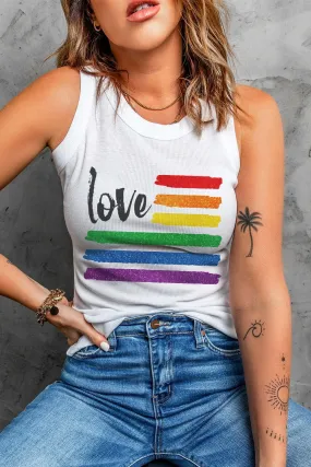 Women Summer Ribbed Basic Tank Top Love Rainbow Print Gay Pride Sleeveless Tops